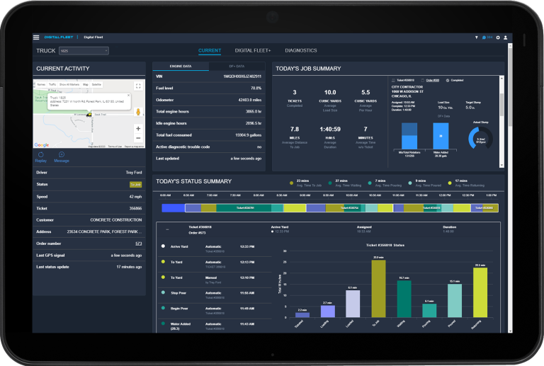 tablet inside the cab of a truck showing pour status