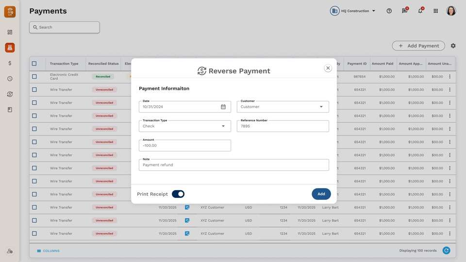 AR BO Reverse Payment Accounts Receivable